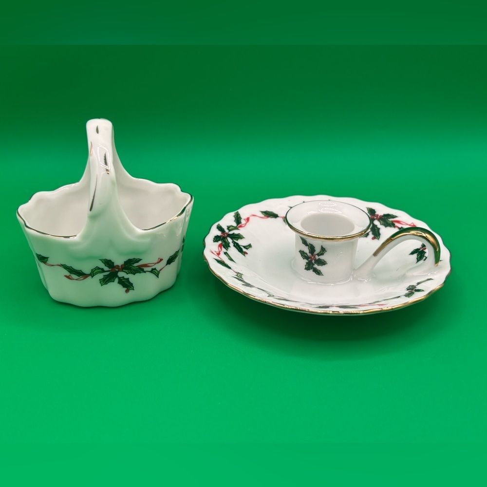 Vintage Lefton Christmas Candle Holder & Basket Japan Holly Berries 03053 03862